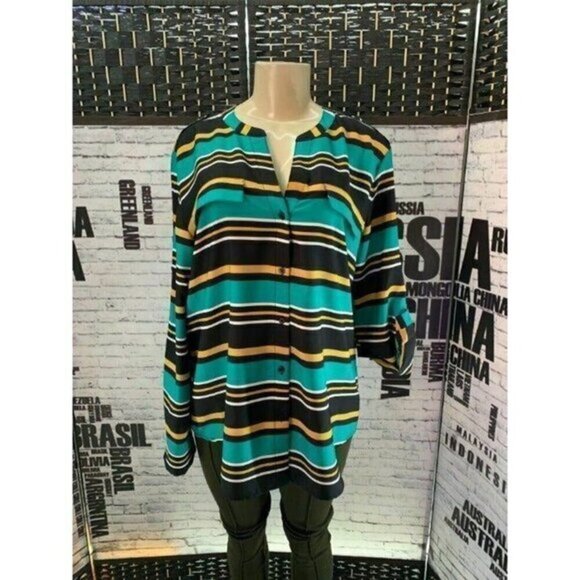 Calvin Klein L Multi Striped Button Collar Top - Picture 1 of 6